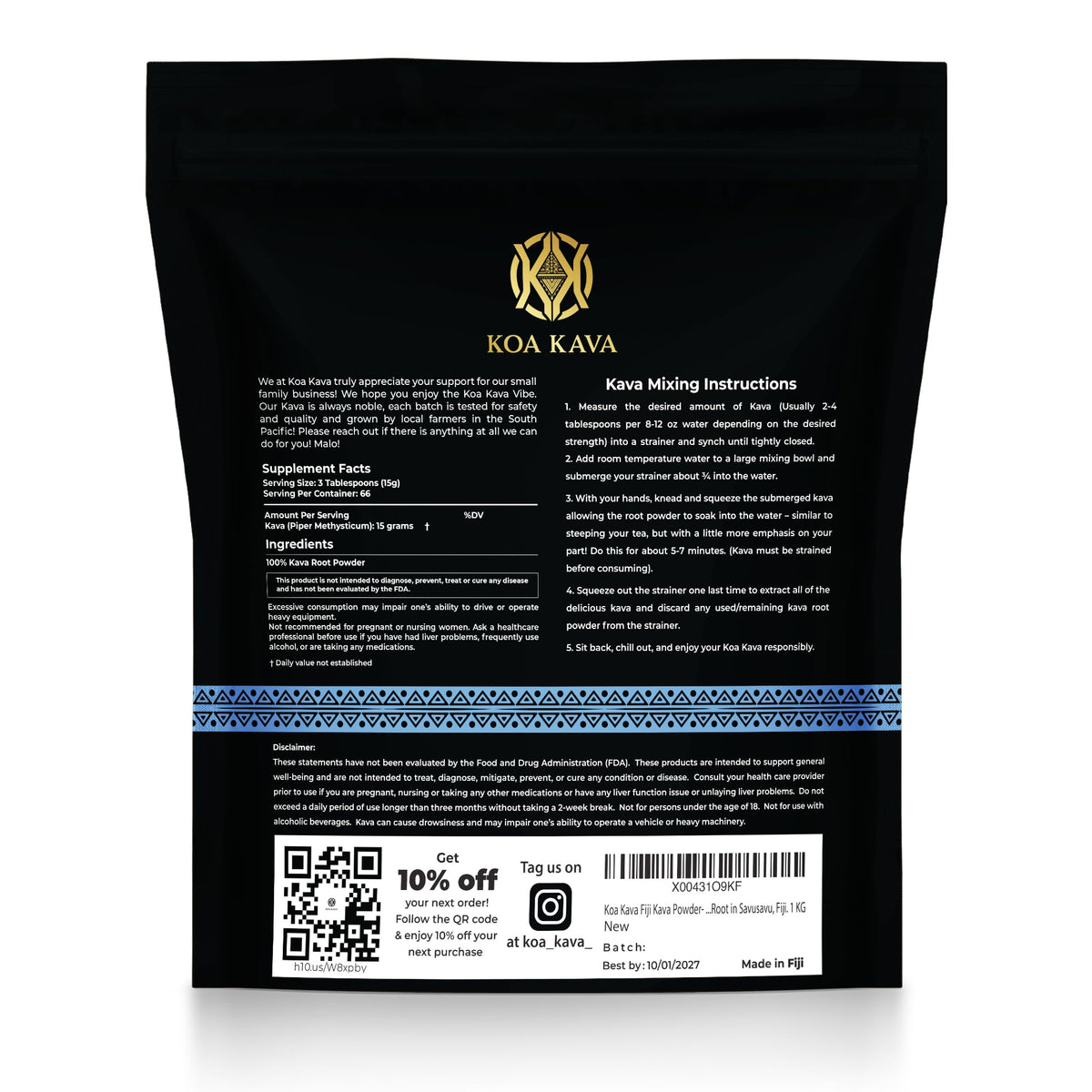 Koa Kava Poudre de Kava Loa Waka 1 KG, étiquette avec informations