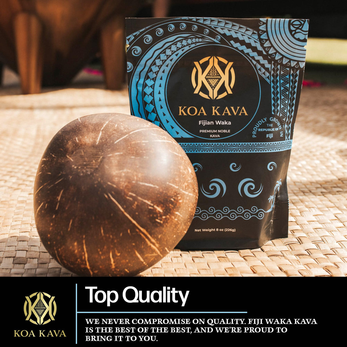 Koa Kava Poudre de Kava Loa Waka 1 KG, présentation sur une table