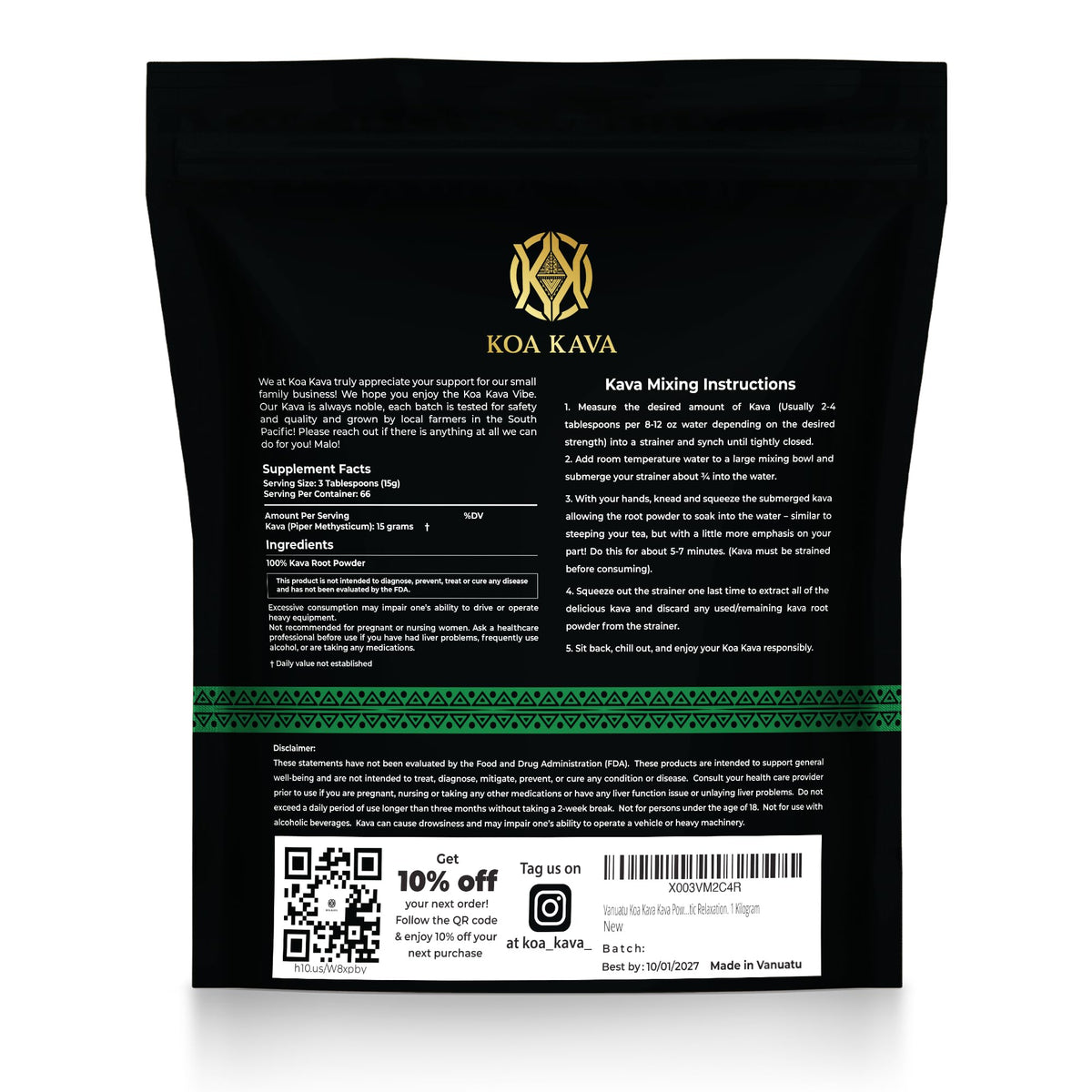 Koa Kava Poudre Waka Vanuatu 1 KG avec ingrédients
