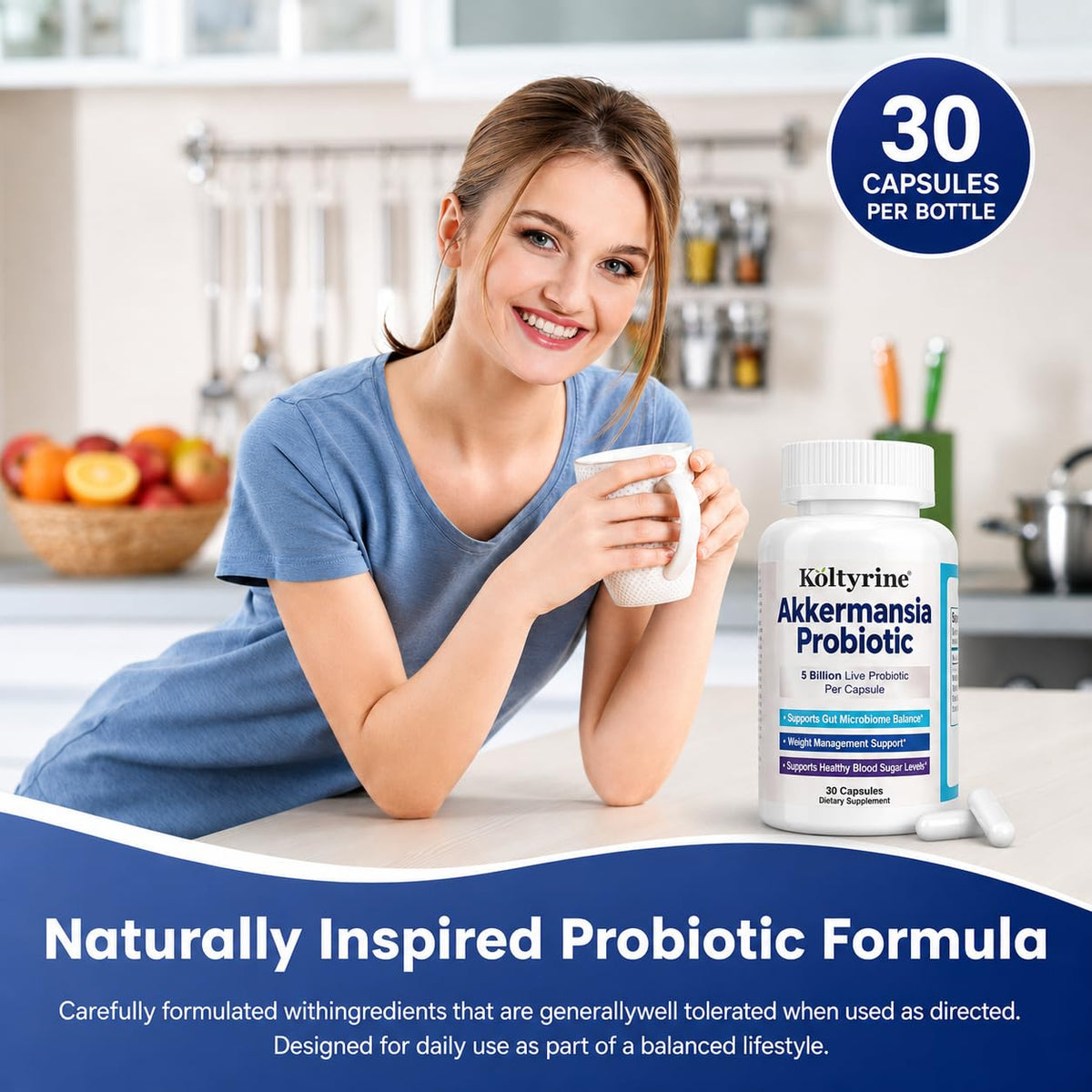 Koltyrine Probiotique Akkermansia flacon ouvert avec capsules
