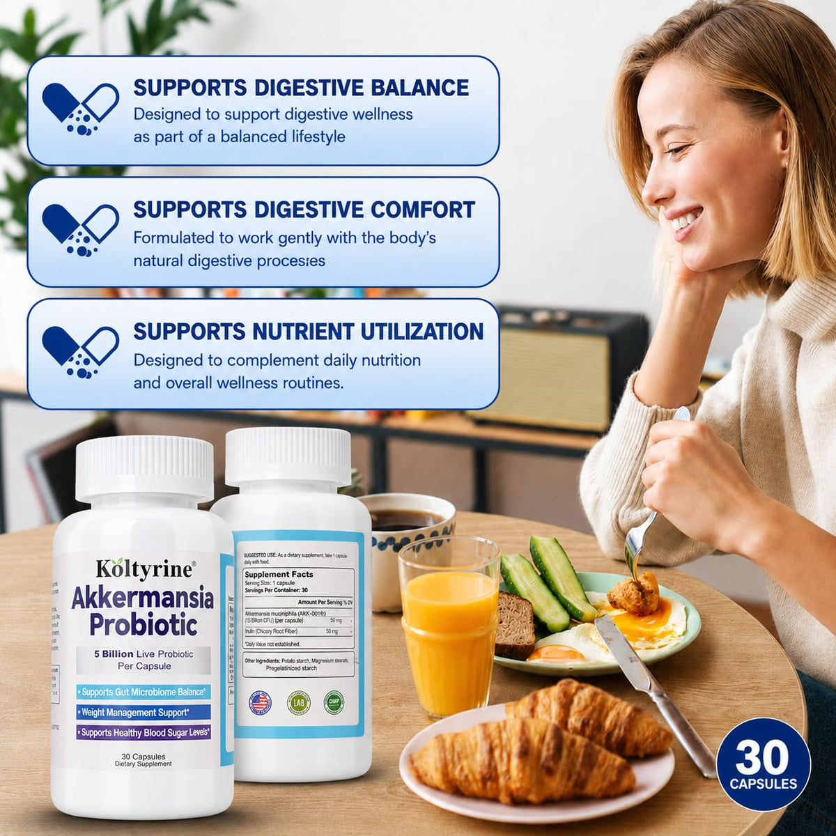 Koltyrine Probiotique Akkermansia sur table avec des aliments