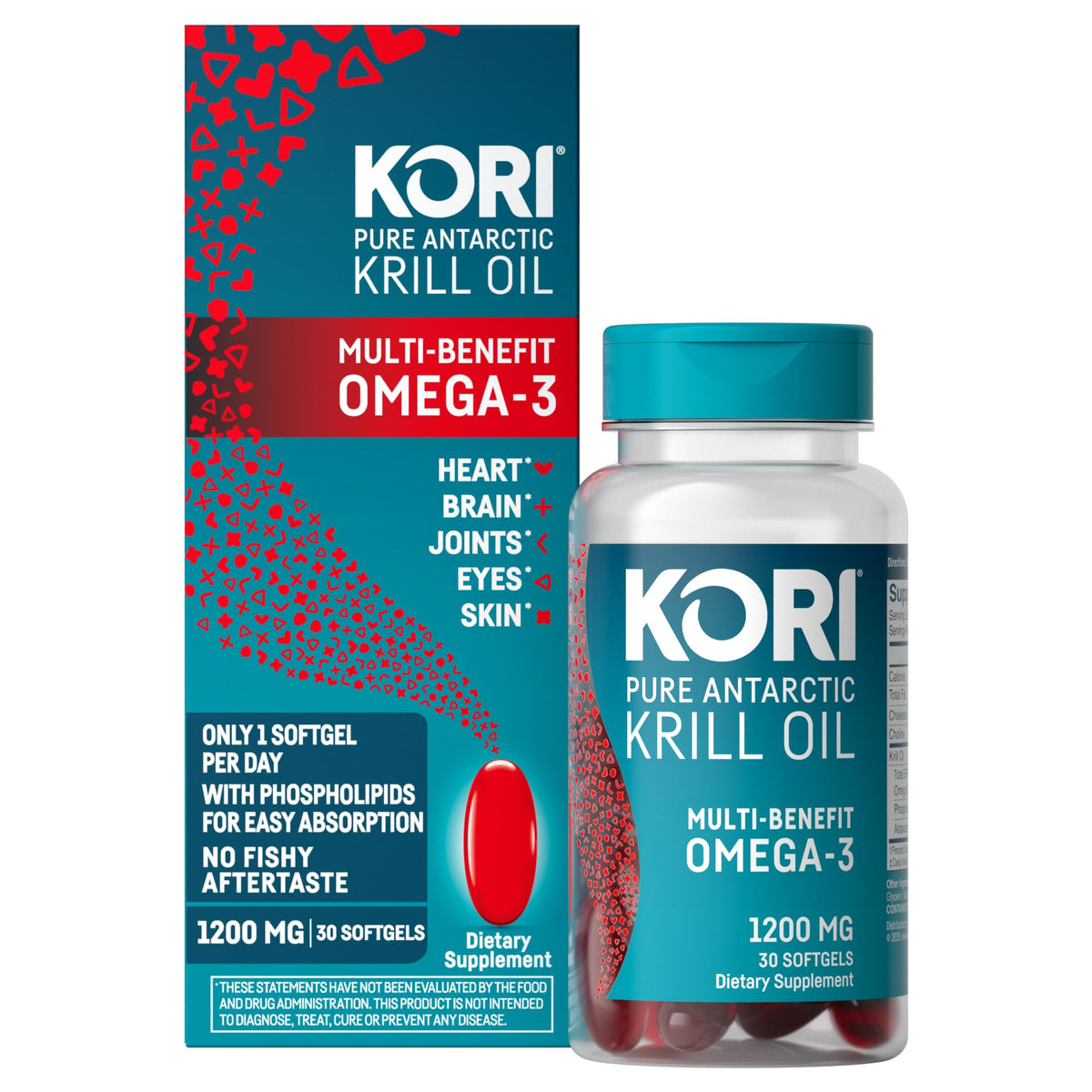 Kori Krill Huile Omega-3 1200mg gélules avec étiquette détaillée