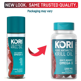 Kori Krill Huile Omega-3 gélules sur une surface en bois