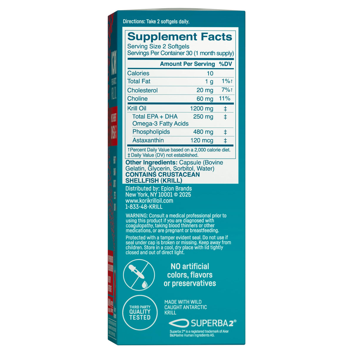 Kori Krill Omega-3 600 mg gélules sur un fond blanc