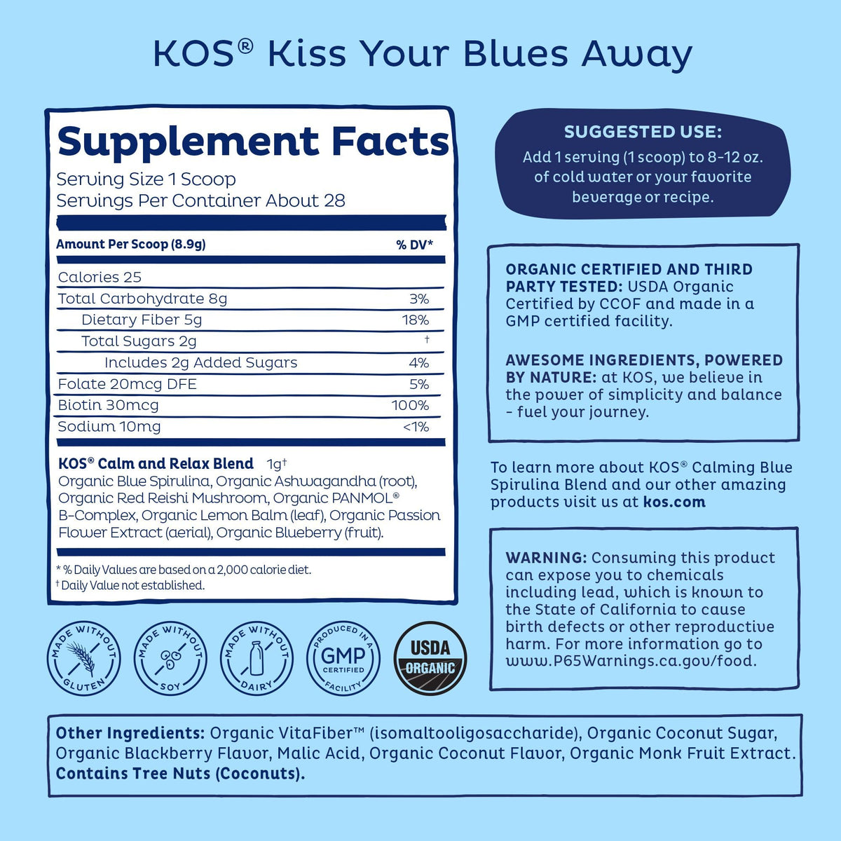 KOS Mélange de Spiruline Bleue avec ingrédients sur une table
