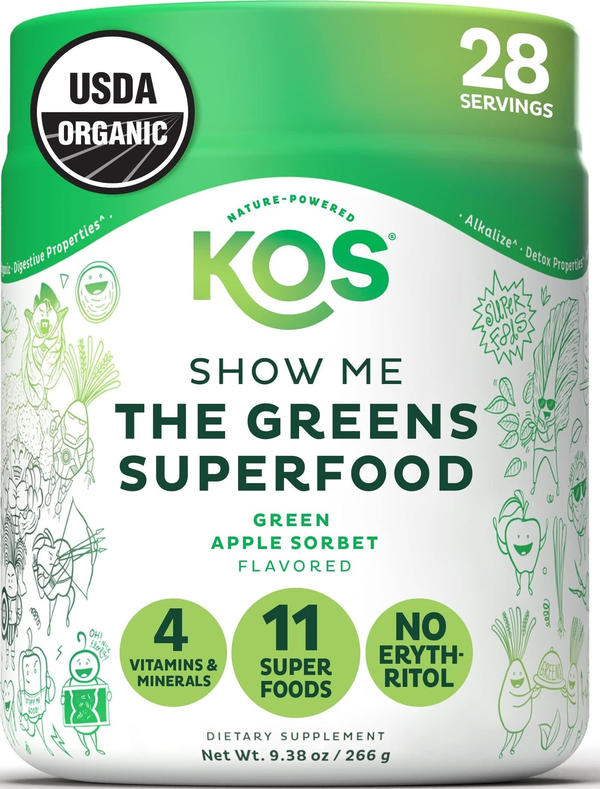 KOS Poudre de Super Greens Bio - emballage avant avec saveur pomme