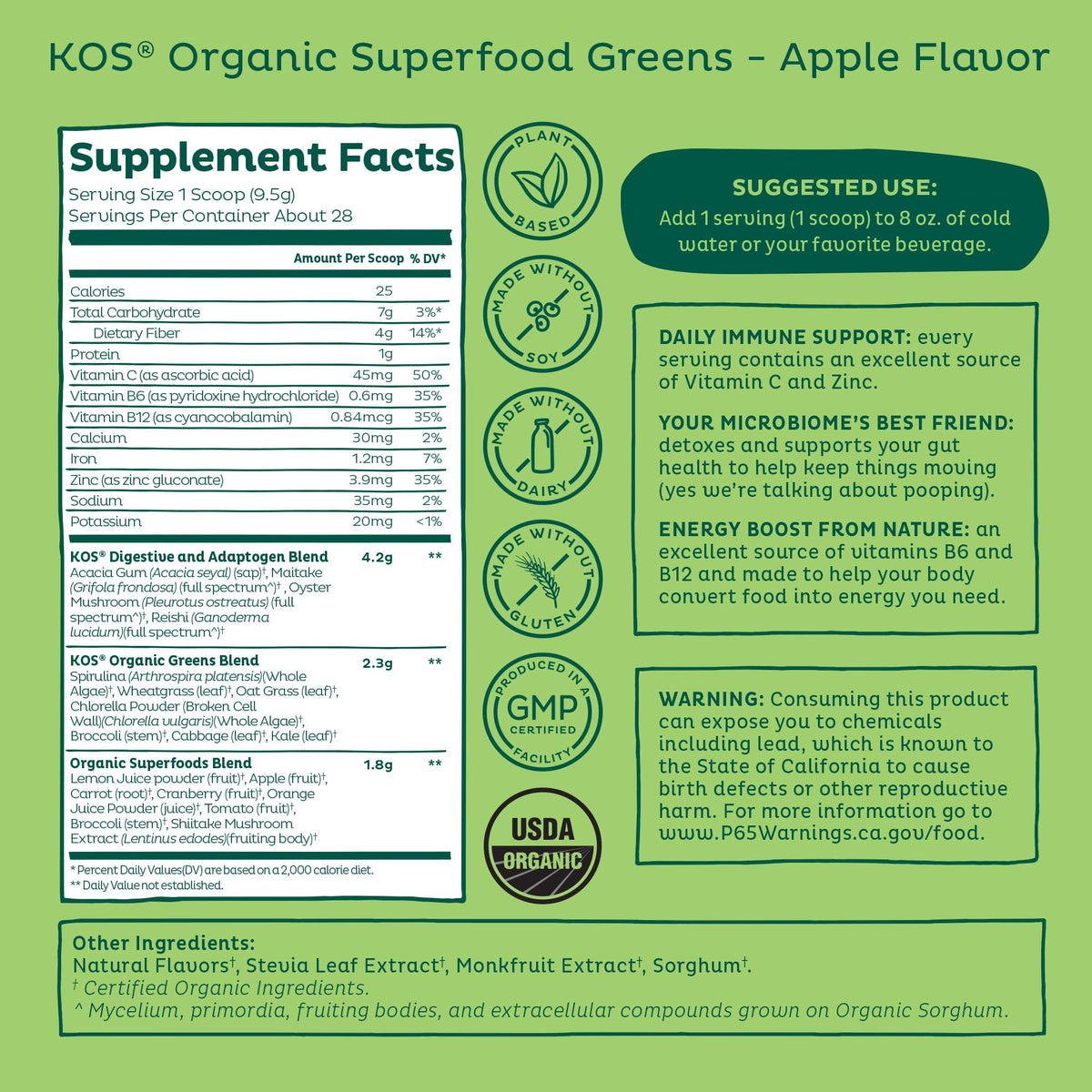 KOS Poudre de Super Greens Bio - poudre verte dans un verre