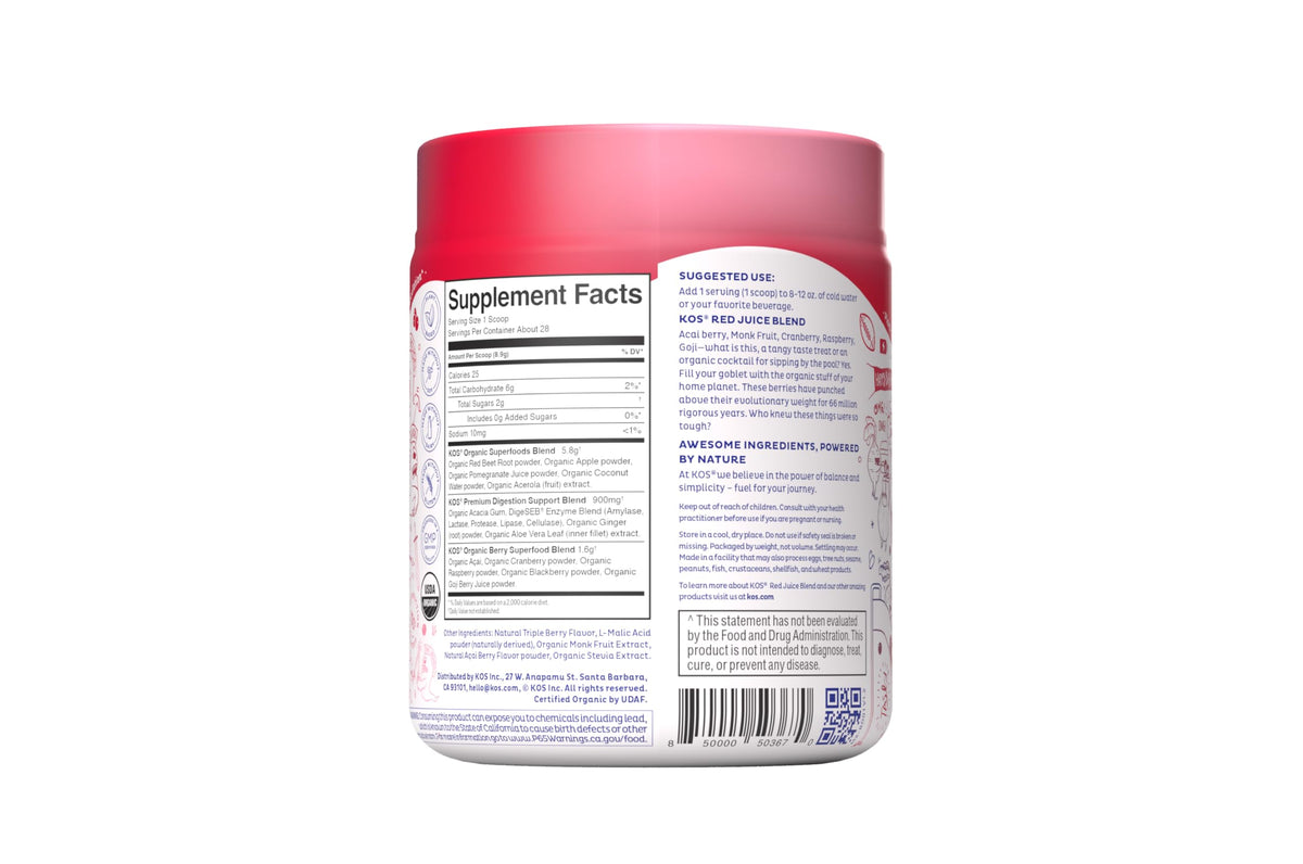 KOS Poudre de Superaliment Rouges 322g en poudre dans un verre