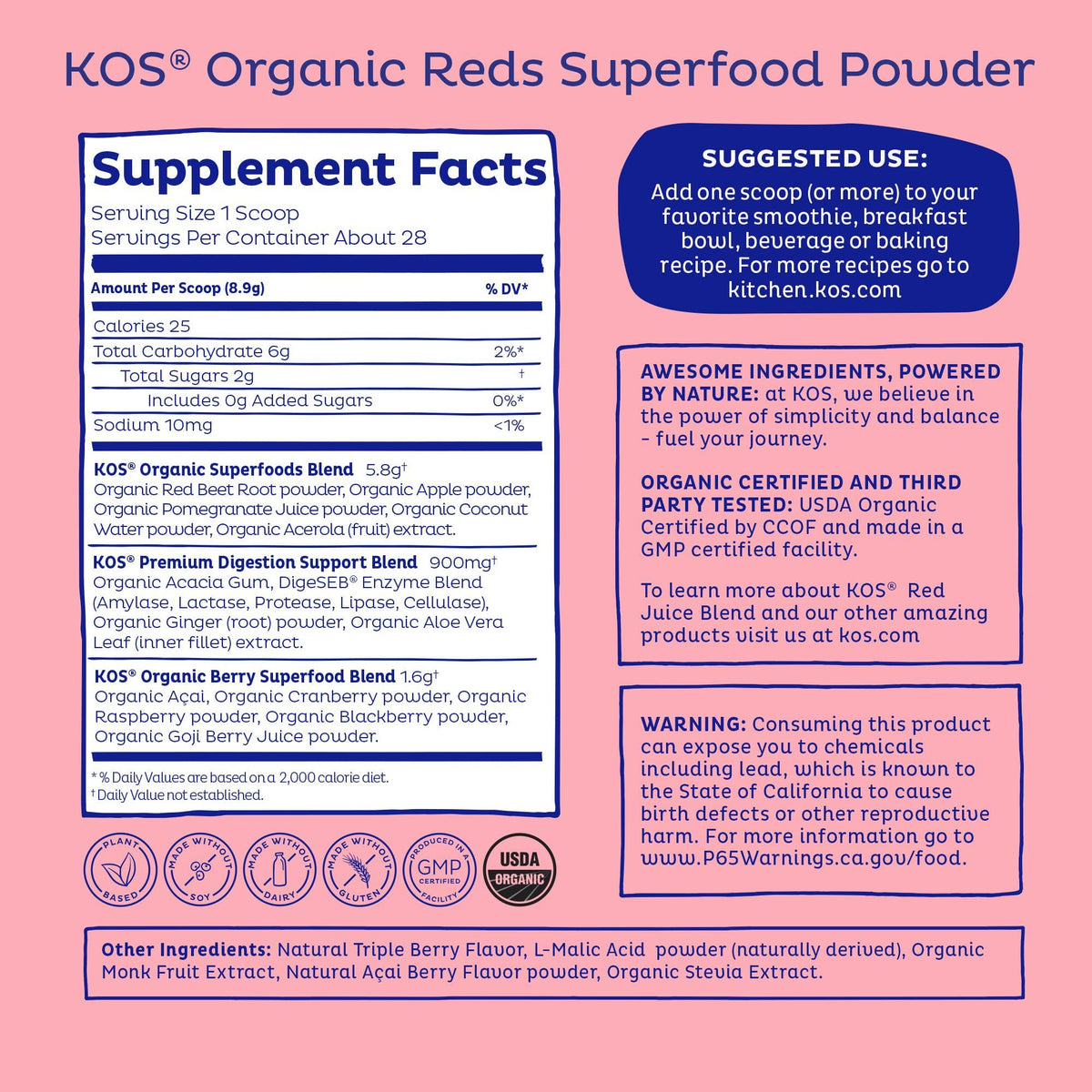 KOS Poudre de Superaliment Rouges 322g vue arrière avec ingrédients