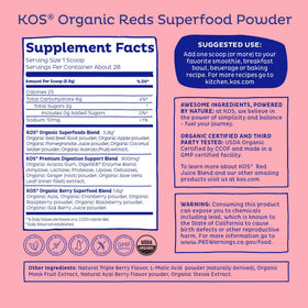 KOS Poudre de Superaliment Rouges 322g vue arrière avec ingrédients
