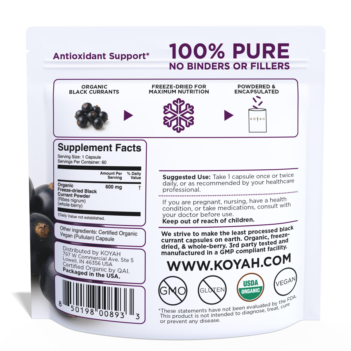 KOYAH Capsules de Cassis Bio, 600 mg de poudre de cassis par capsule, vue de face