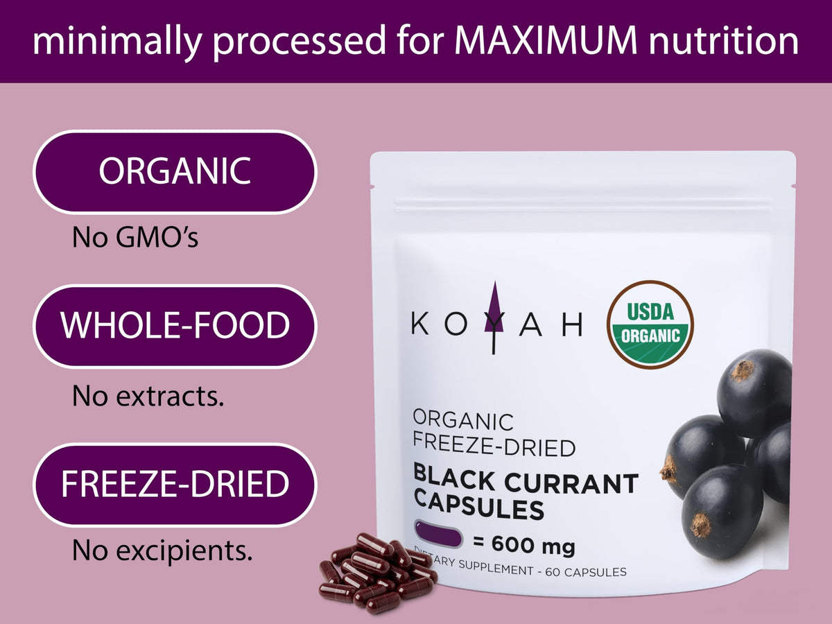 KOYAH Capsules de Cassis Bio, détails des capsules sur fond blanc