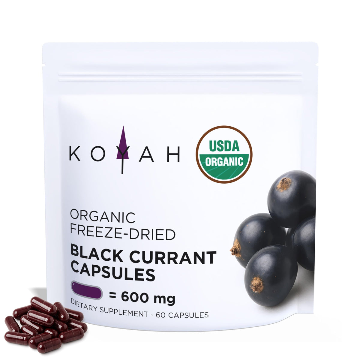 KOYAH Capsules de Cassis Bio lyophilisées, 60 capsules, vue de l'emballage