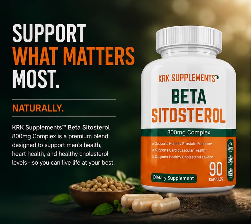KRK SUPPLEMENTS Beta Sitosterol 800mg capsules à côté d'un verre d'eau