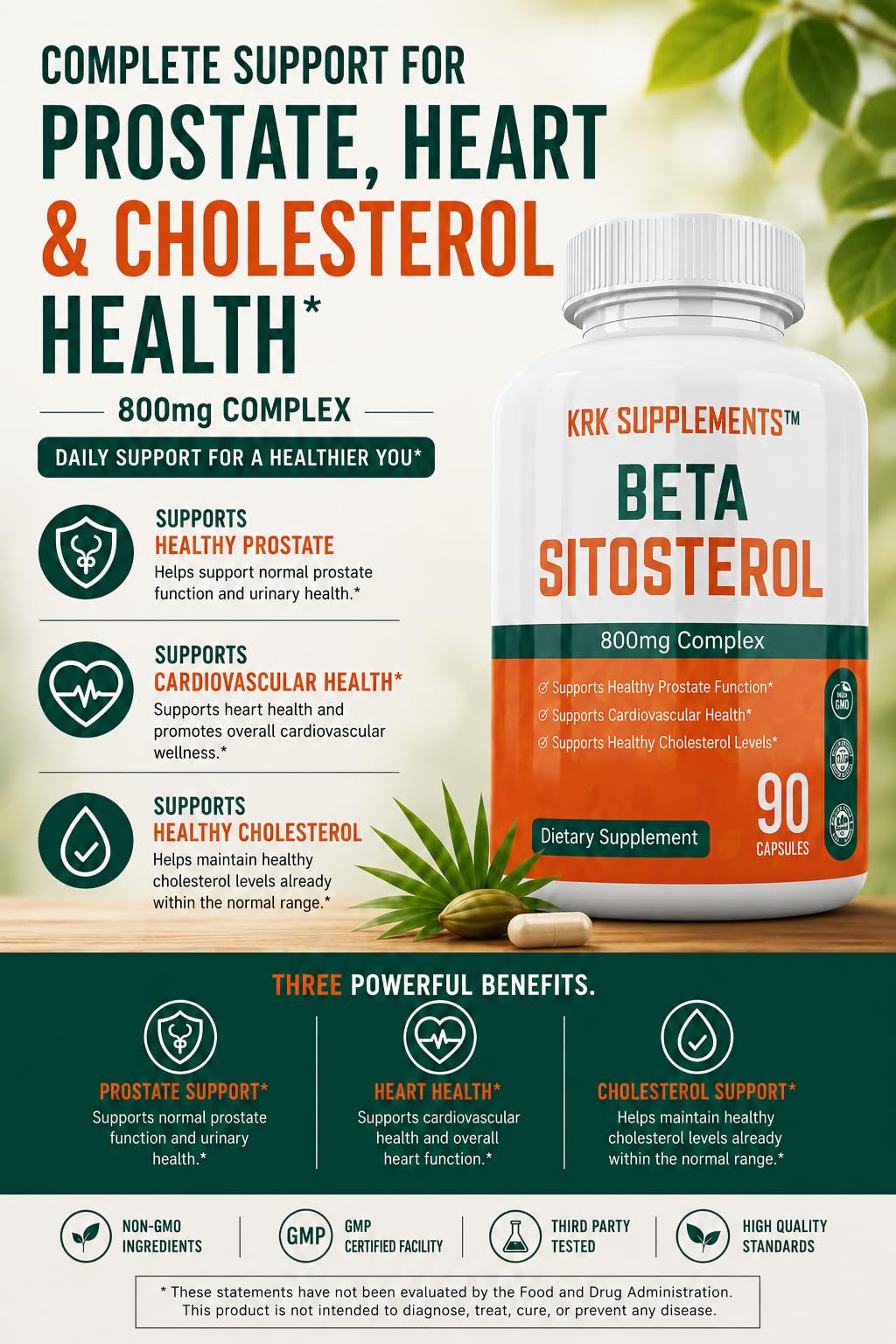 KRK SUPPLEMENTS Beta Sitosterol 800mg flacon ouvert montrant les capsules