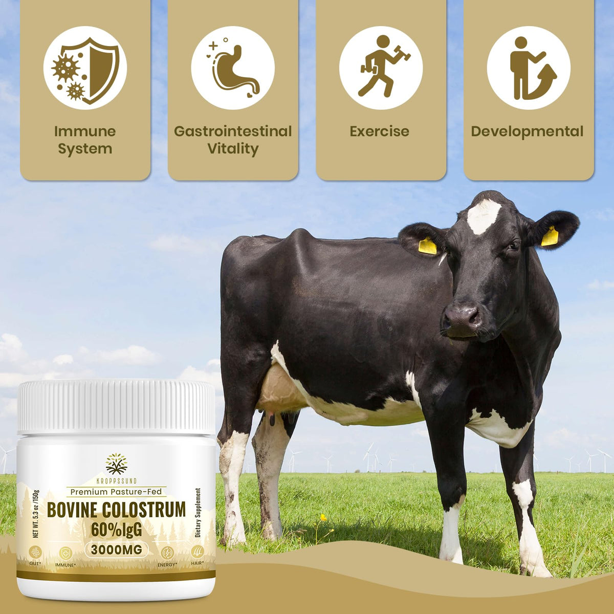 Kroppssund Poudre de Colostrum Bovin 3000 mg étiquette détaillée