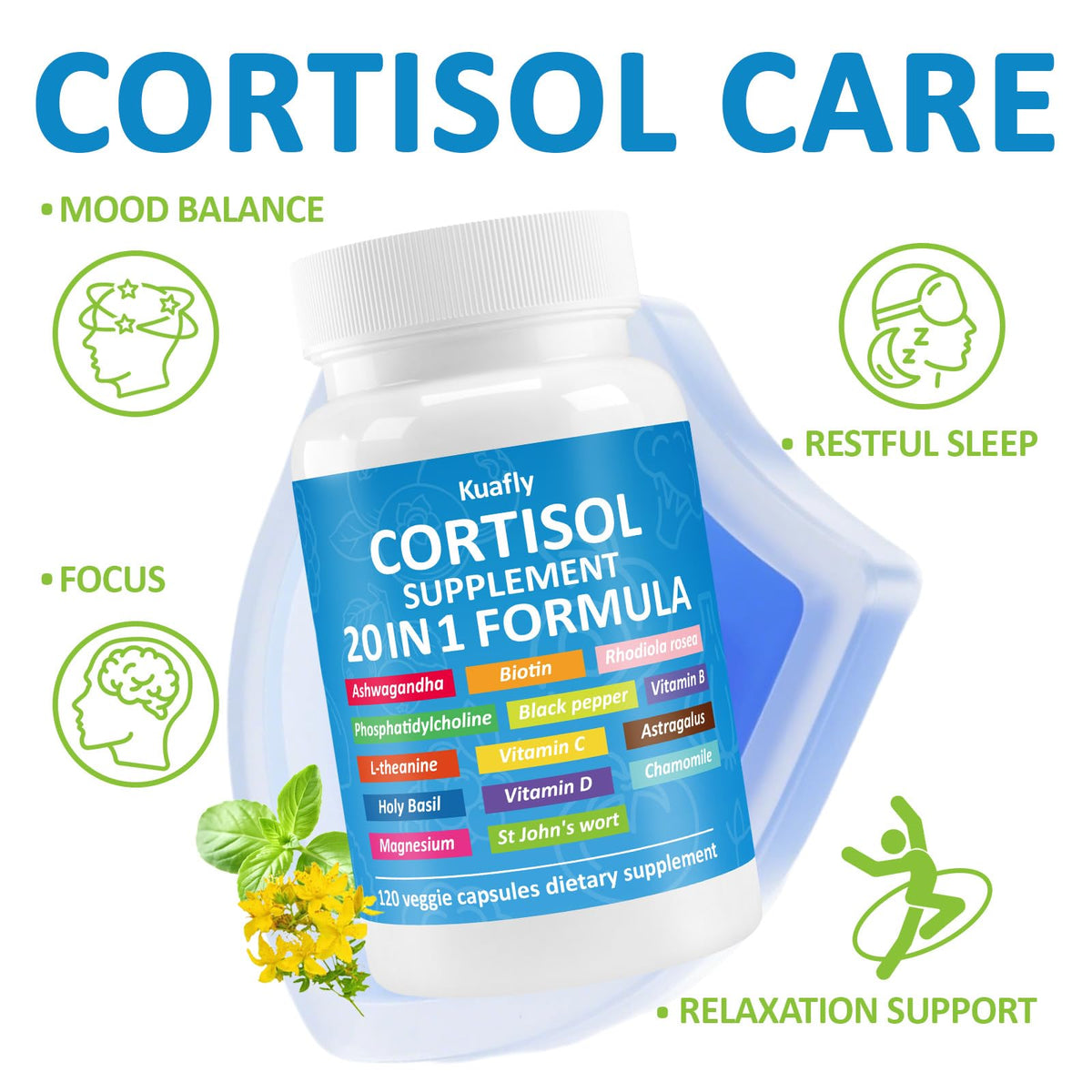 KUAFLY Compléments Alimentaires Cortisol 120 capsules avec étiquette lisible