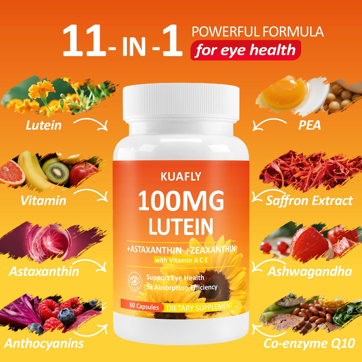 KUAFLY Compléments Alimentaires Luteine et Zeaxanthine 50MG, étiquette des ingrédients