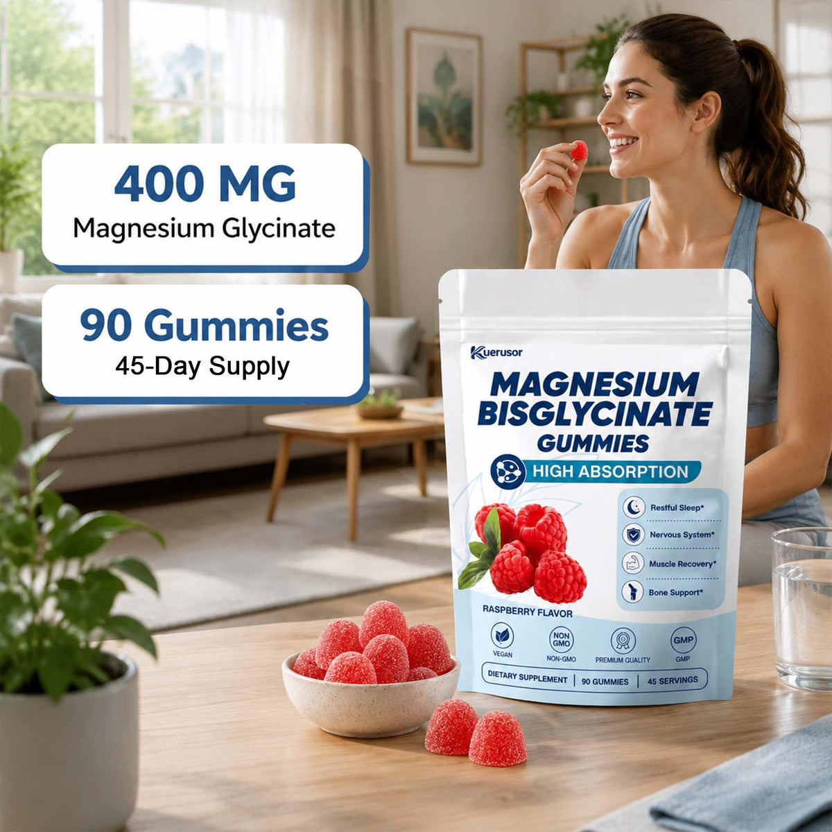 Kuerusor Gummies de Magnésium Bisglycinate 400mg, gummies sur une table