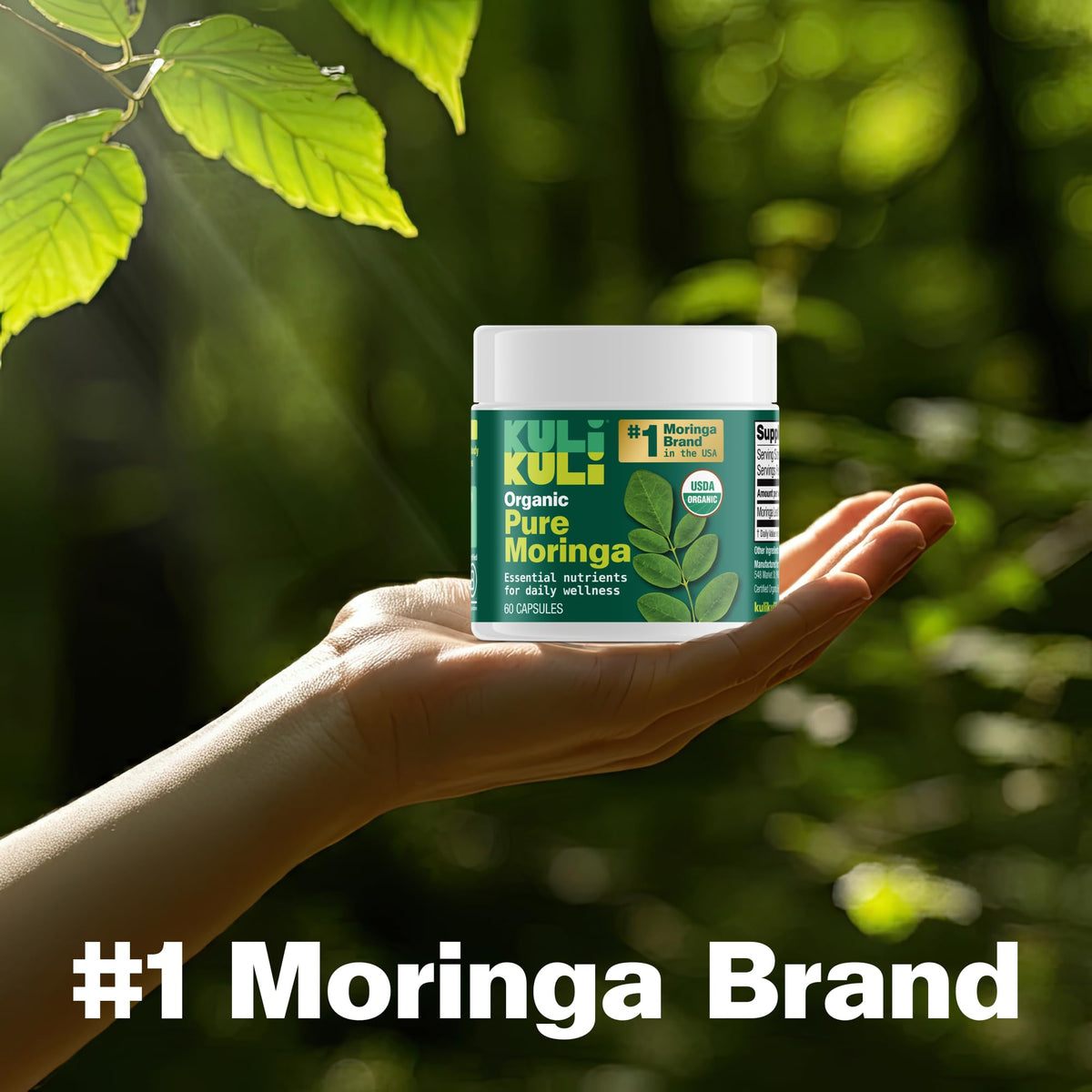 Kuli Kuli capsules de moringa bio, vue en gros plan