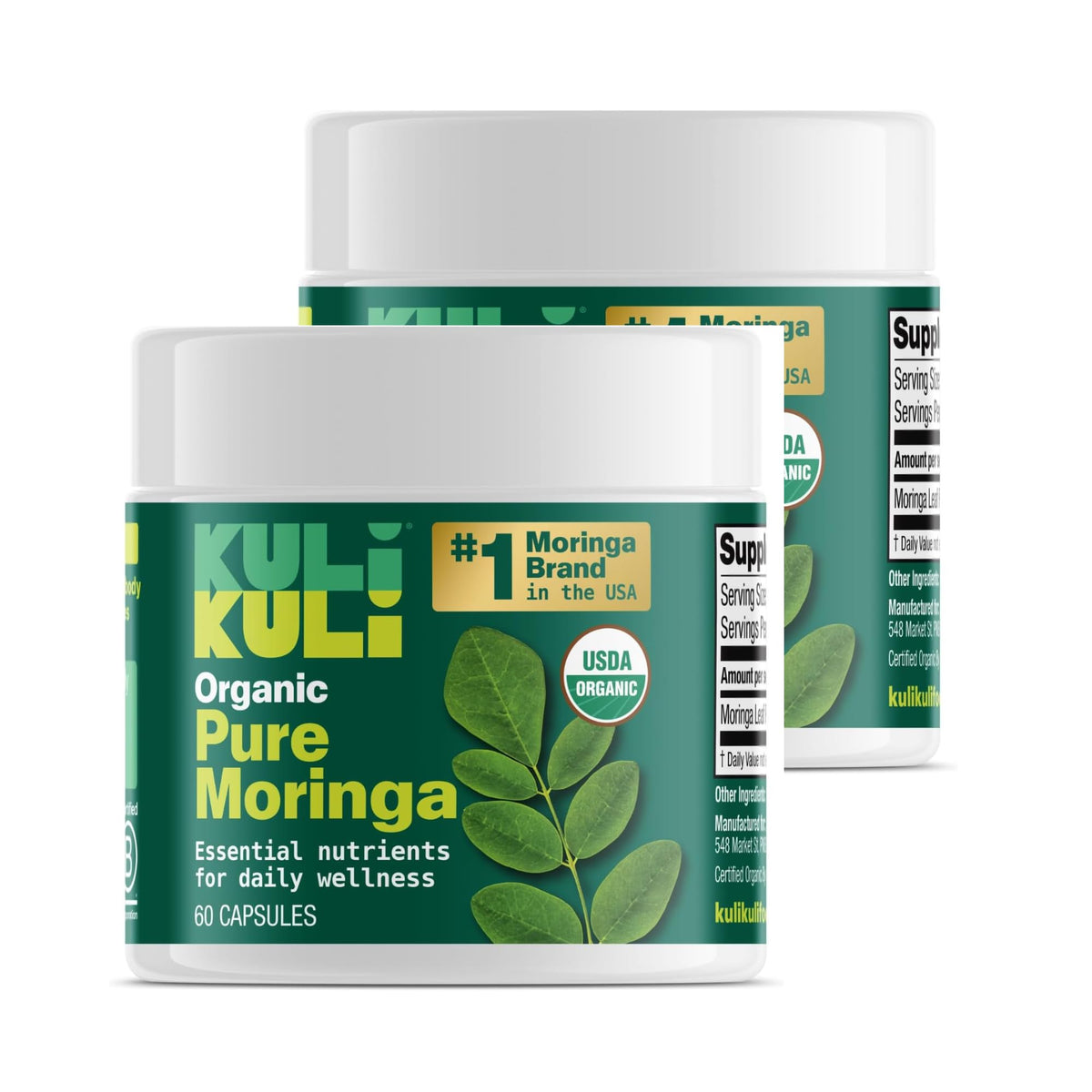 Kuli Kuli capsules de poudre de moringa bio, vue de face