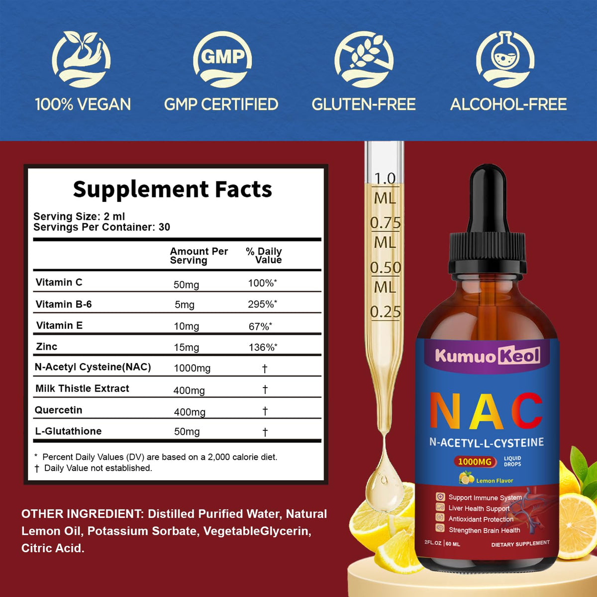 KumuoKeol Complément NAC Liquide 1000mg gouttes avec étiquette