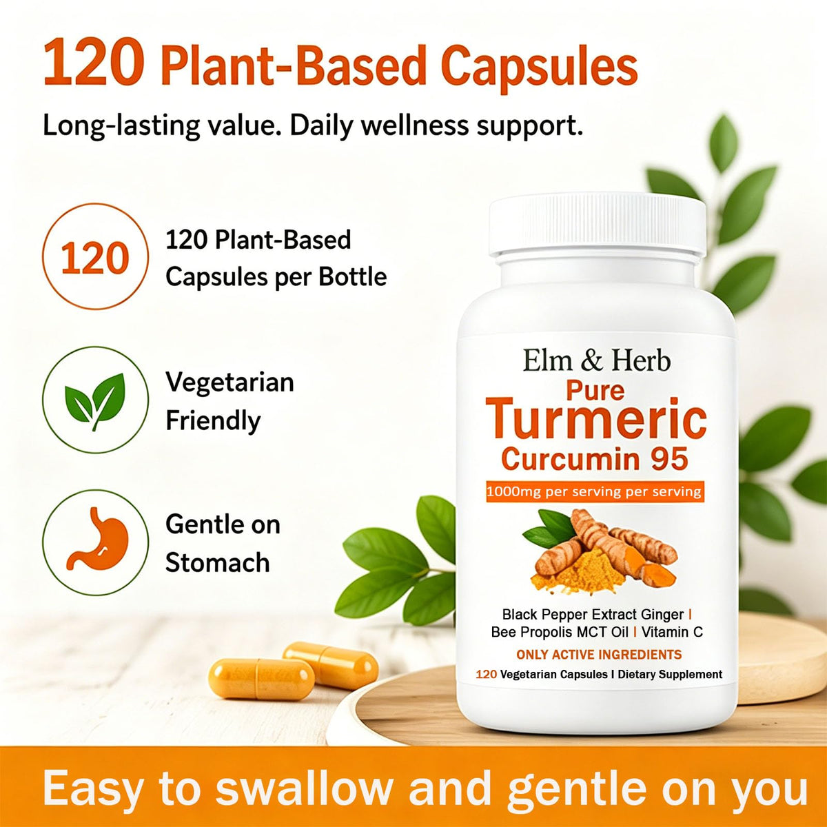 Kunnozz Curcuma Pur 95% Curcumine avec racine de gingembre et poivre noir