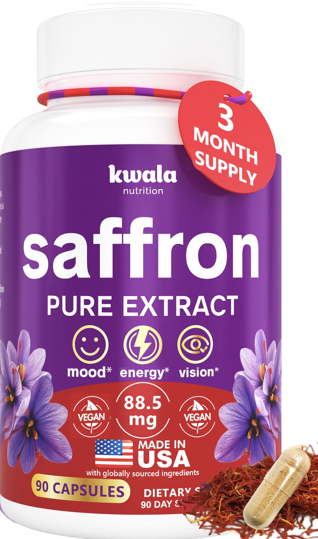 Kwala Nutrition Compléments Alimentaires Safran 88,5 mg Flacon de 90 Capsules