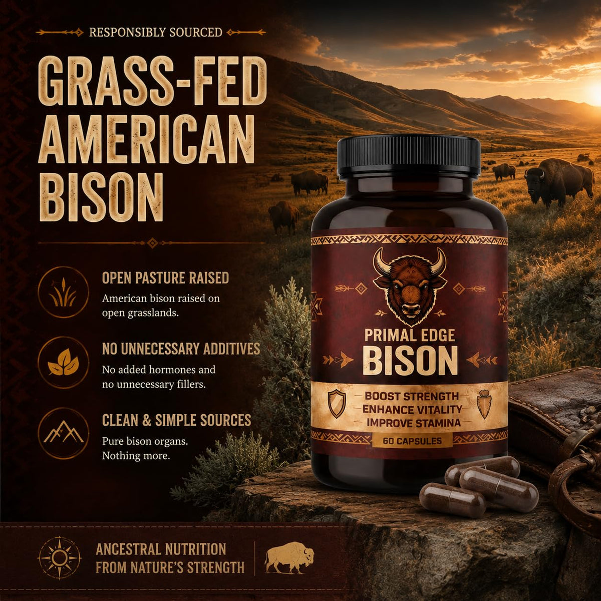 Kymezol Primal Edge Bison 60 capsules sur fond neutre