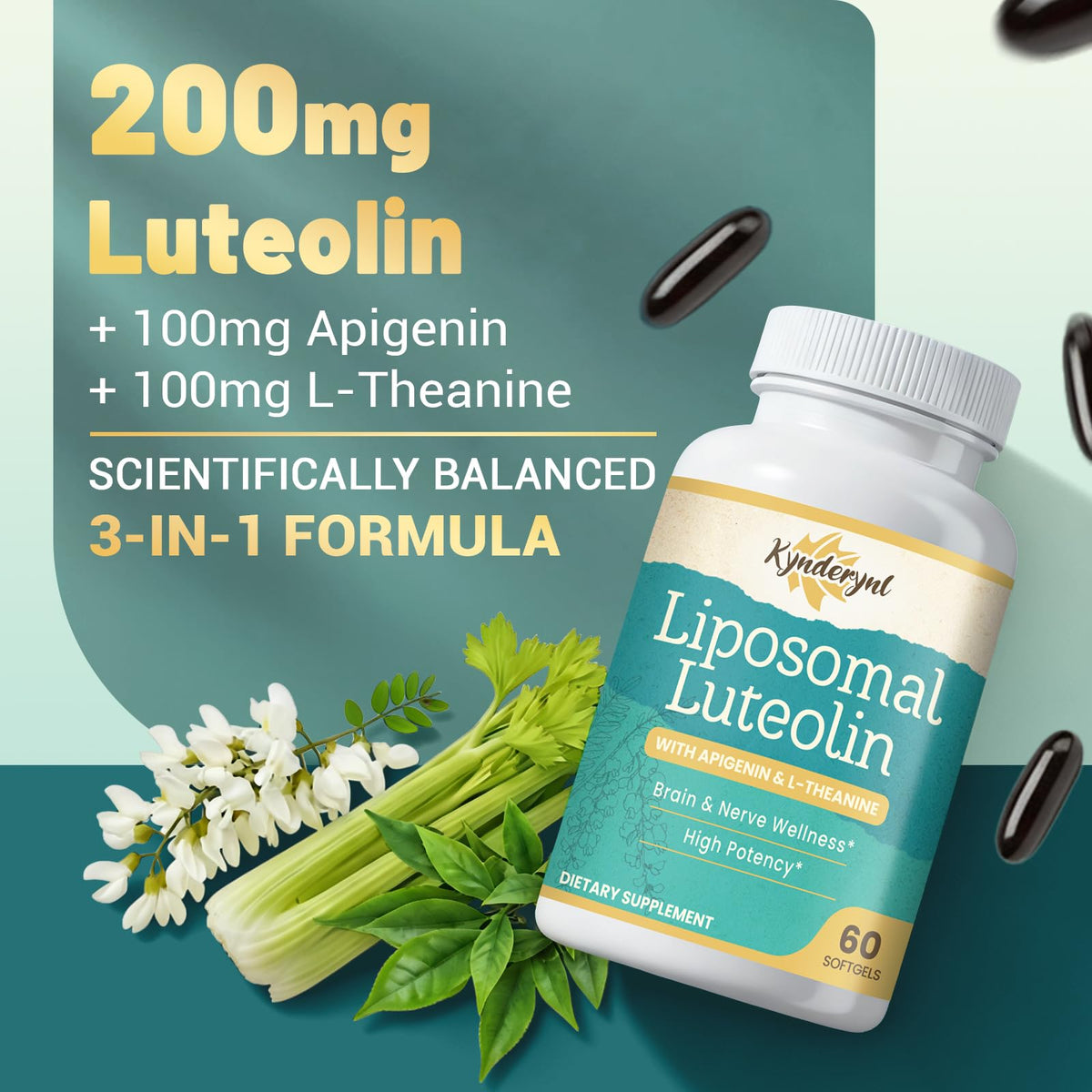 Kynderynl Luteoline 200mg gélule douce sur fond blanc