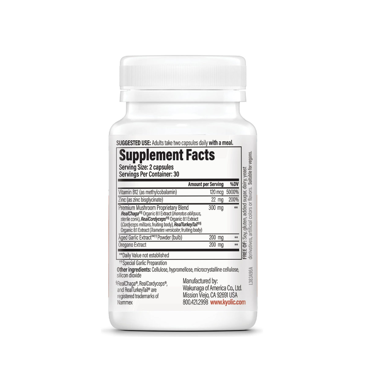 Kyolic daily wellness Mushrooms+ 60 capsules avec étiquette détaillée