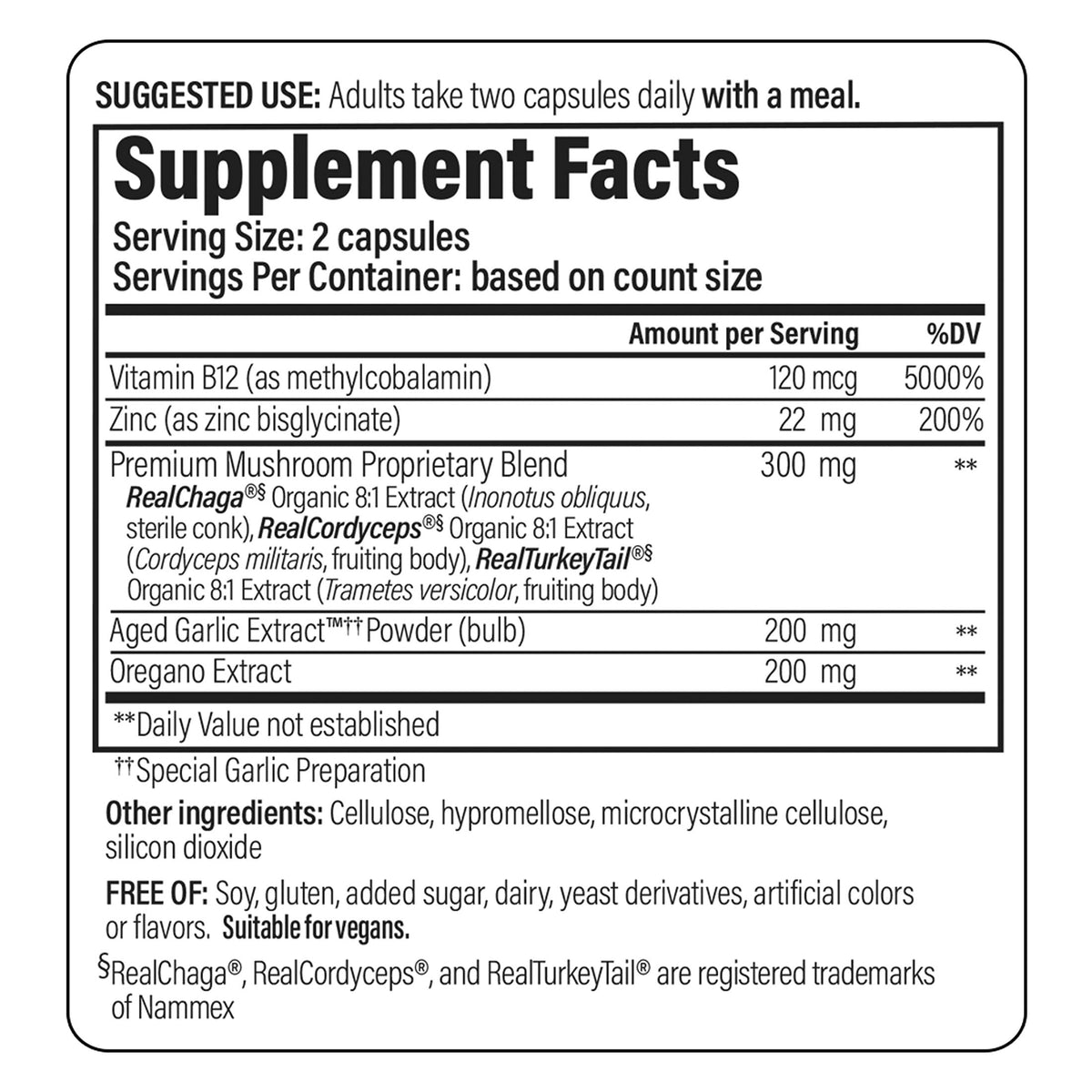 Kyolic daily wellness Mushrooms+ 60 capsules vue arrière