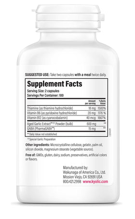 Kyolic Extrait Aged Garlic 200 Capsules, détails de l'étiquette