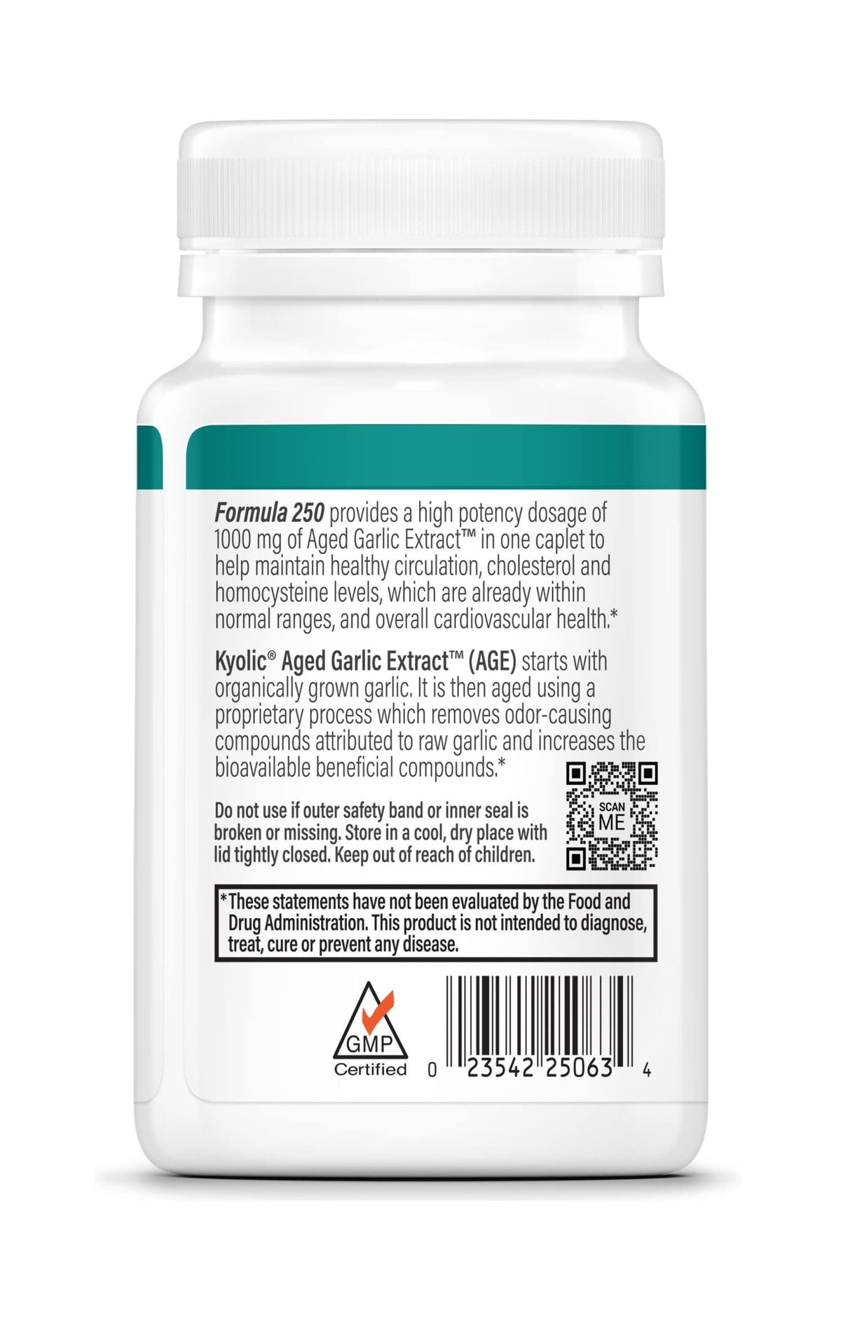 Kyolic Extrait de Ail Vieilli 250, arrière de la boîte avec informations nutritionnelles