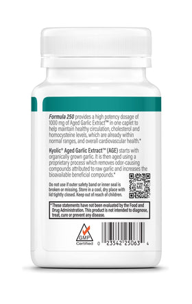 Kyolic Extrait de Ail Vieilli 250, arrière de la boîte avec informations nutritionnelles