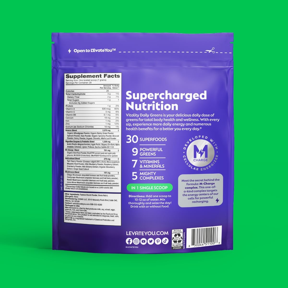 L'Evate You Vitality Daily Greens 200g powder on a kitchen counter