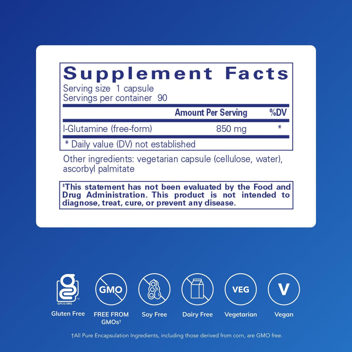 L-Glutamine 850 mg Pure Encapsulations étiquette arrière