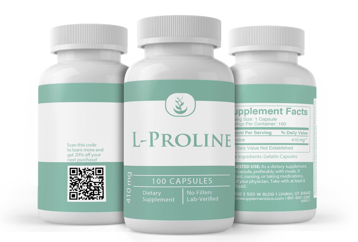 L-Proline PURE ORIGINAL INGREDIENTS avec capsules sur une table