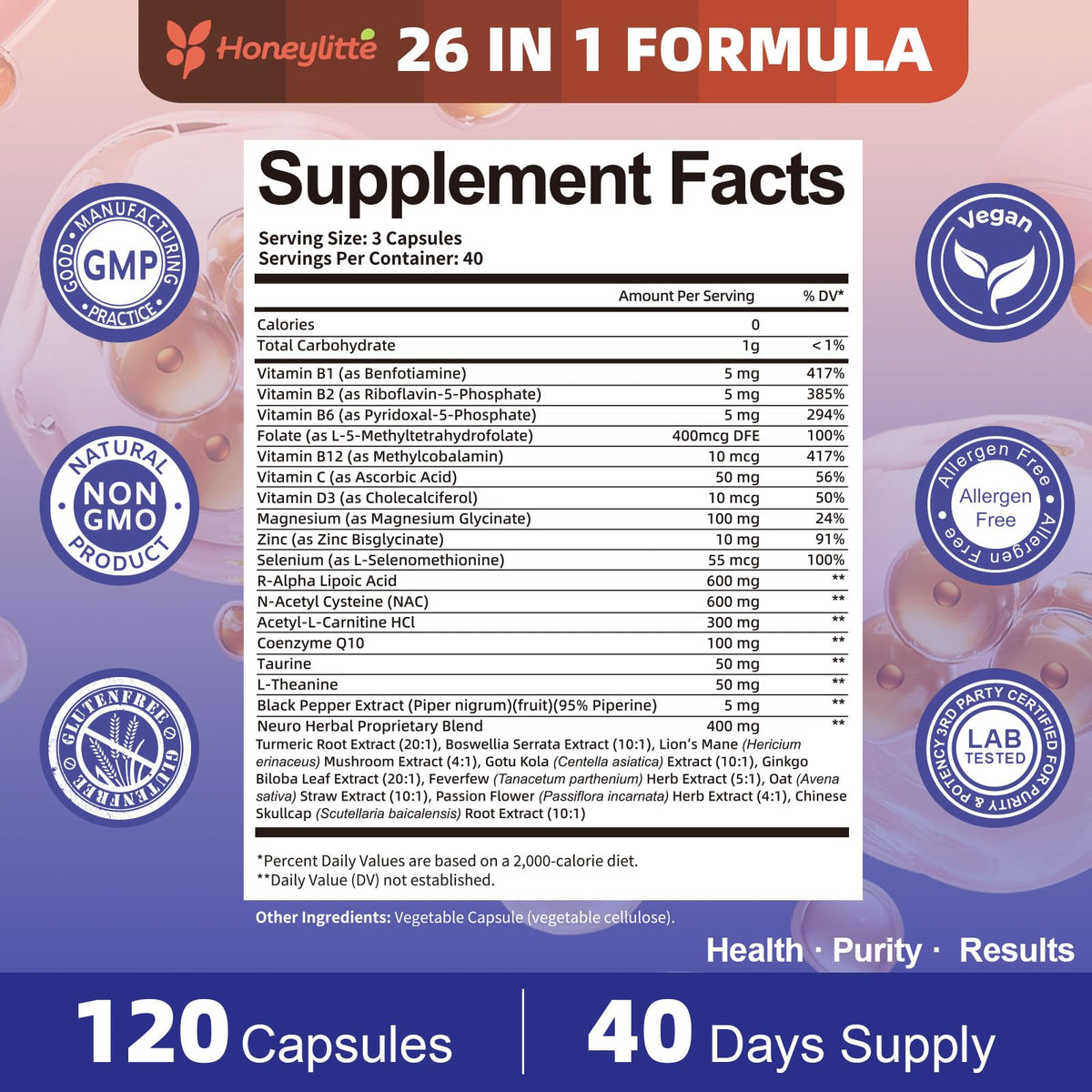 Label détaillé du flacon Honeylitte Acide Alpha-Lipoïque 600mg