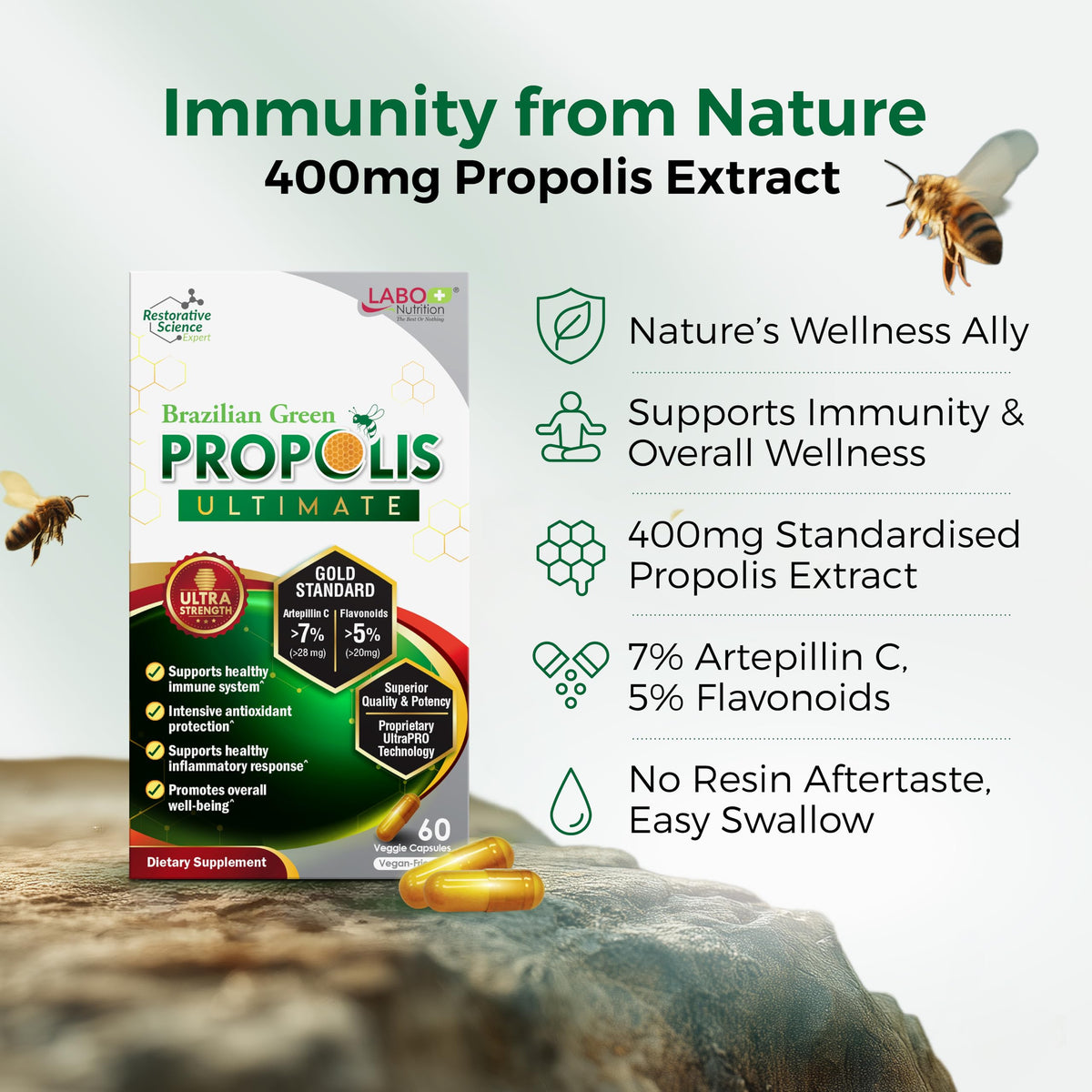 LABO Nutrition Propolis Vert Brésilien, capsules sur fond blanc