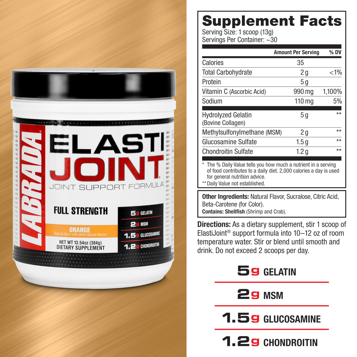 Labrada Elastijoint Poudre de Soutien Articulaire 472g ingrédients sur l'étiquette