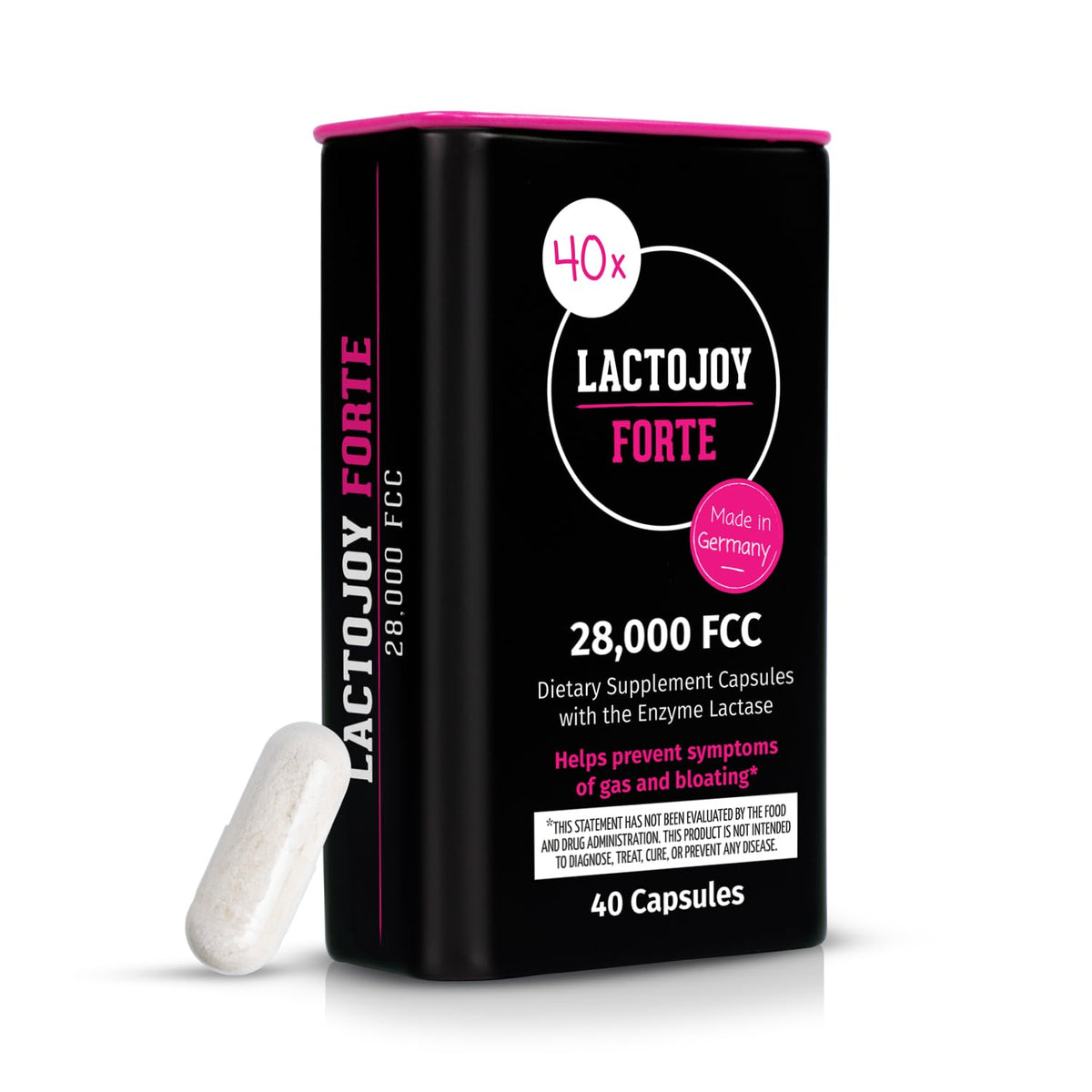 LactoJoy Forte capsules de lactase 28 000 FCC, boîte ouverte
