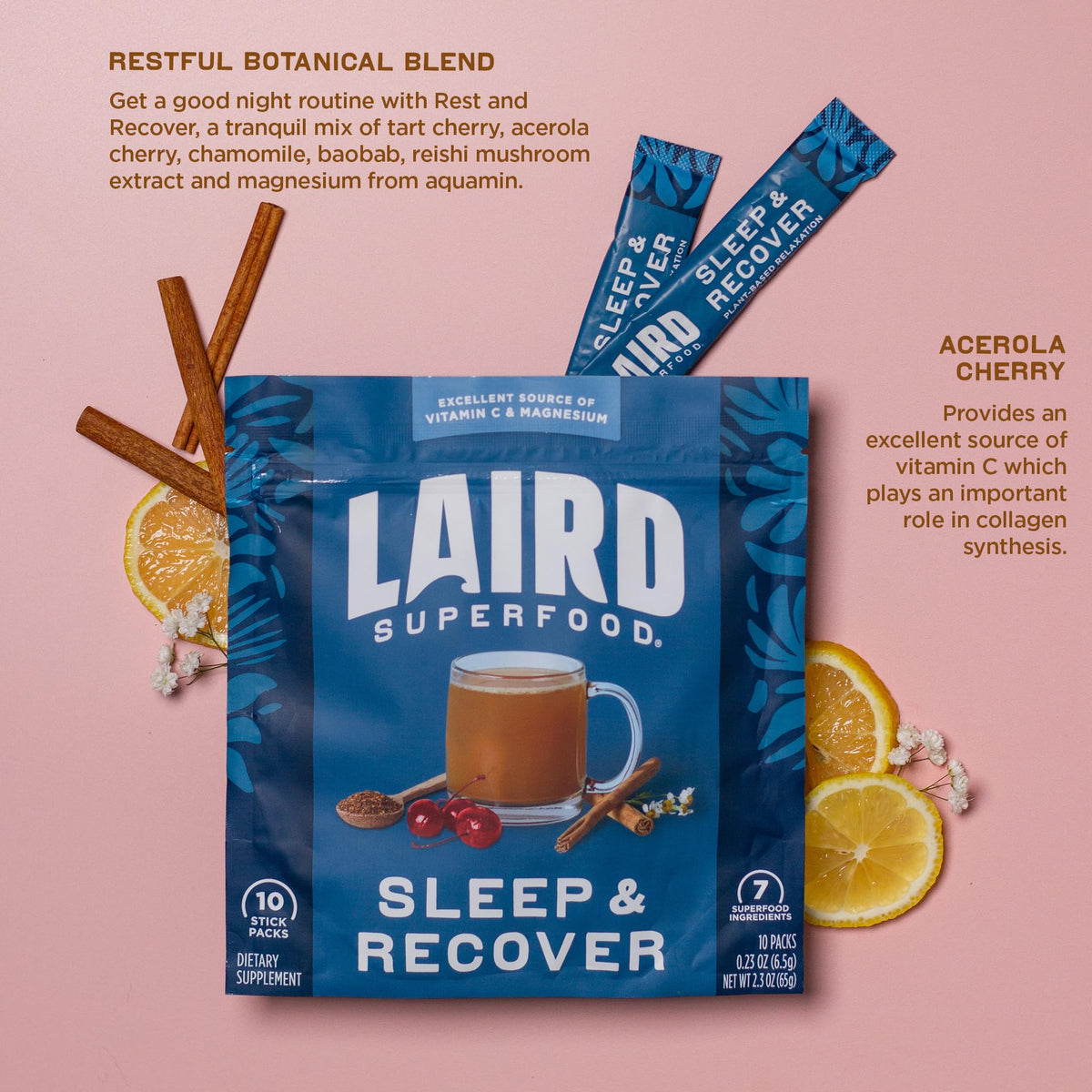 Laird Superfood Boisson de Nuit sachet ouvert avec poudre