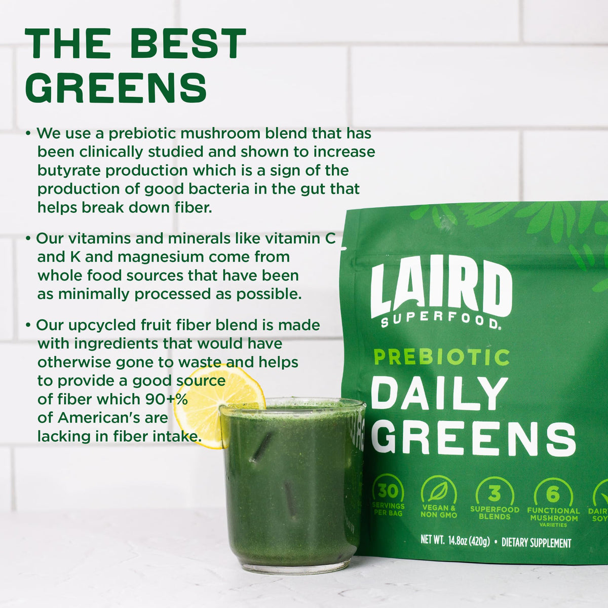 Laird Superfood Mélange de Poudres Vertes sur une table