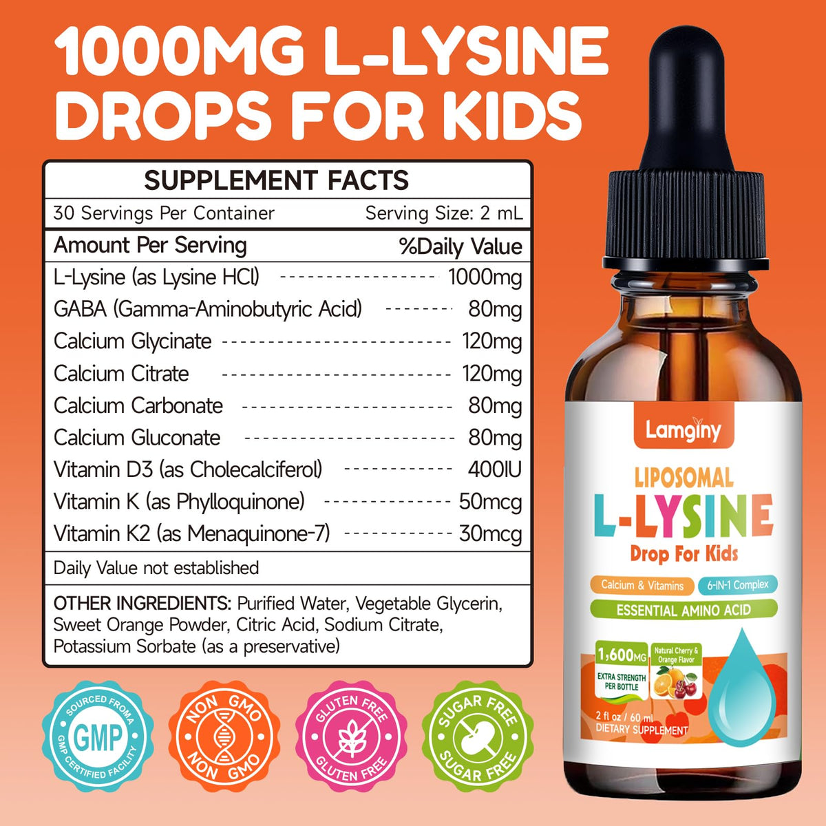 LAMGINY L-Lysine Liquide 1000mg flacon sur une table