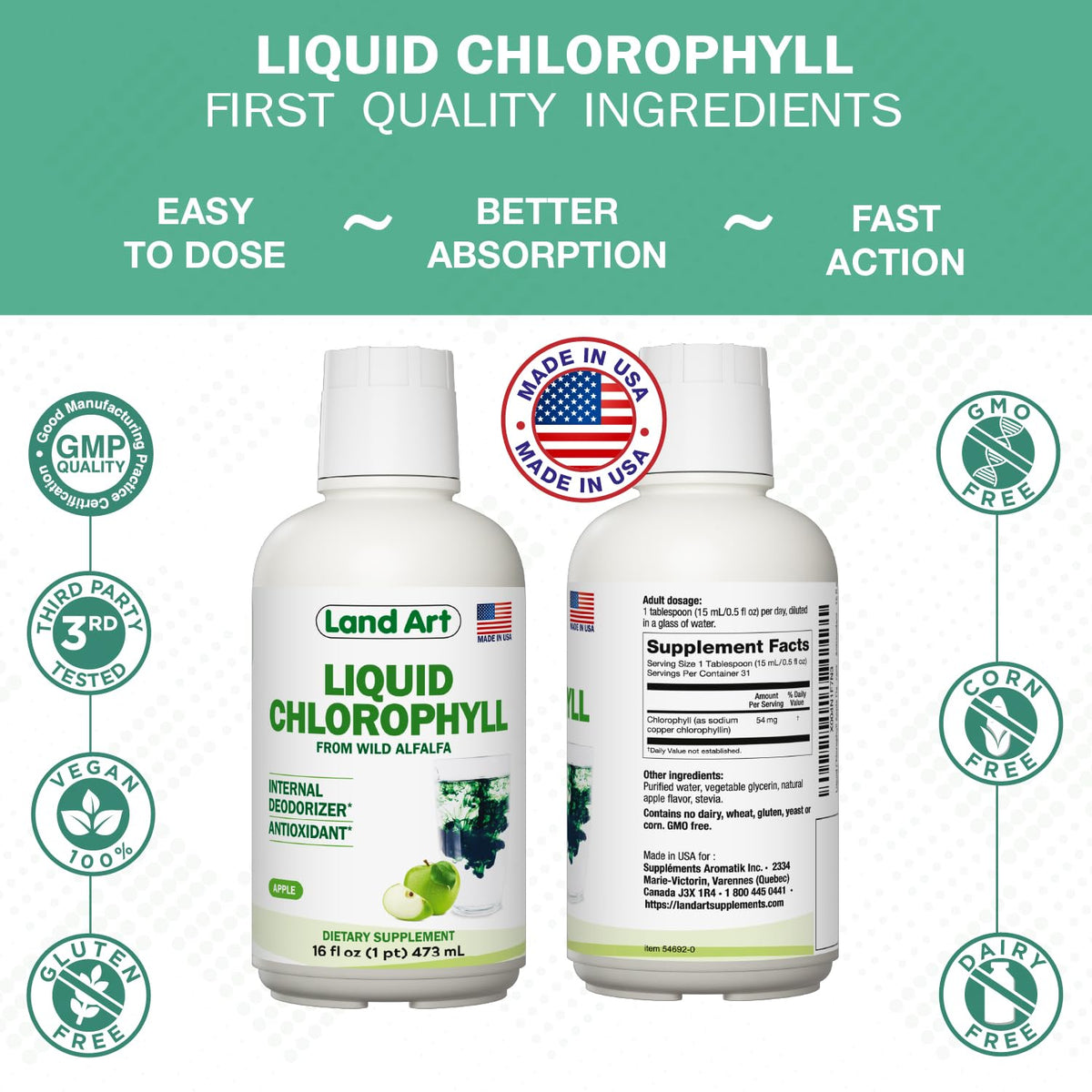 Land Art chlorophylle liquide 16 fl oz sur une table en bois