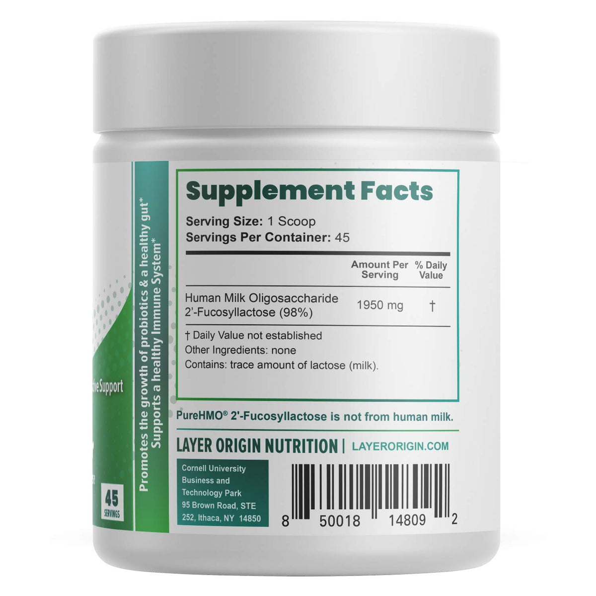 Layer Origin PureHMO poudre prébiotique 132g emballage et étiquette