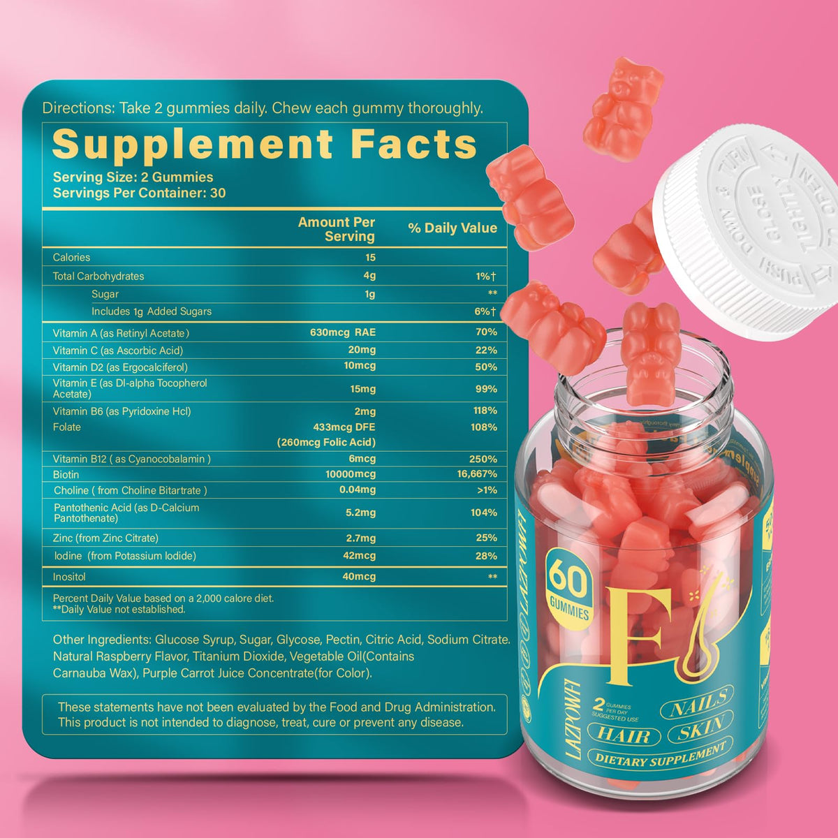 Lazpowfi Gummies Biotine sur une table avec des fruits