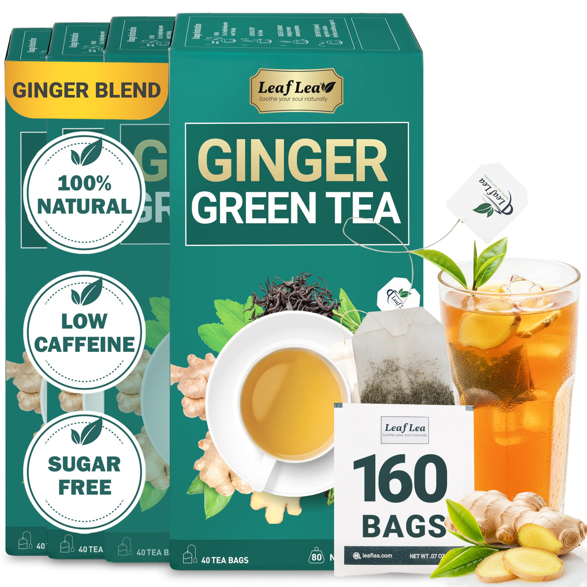 LeafLea Thé Vert au Gingembre 160 sachets emballage avant