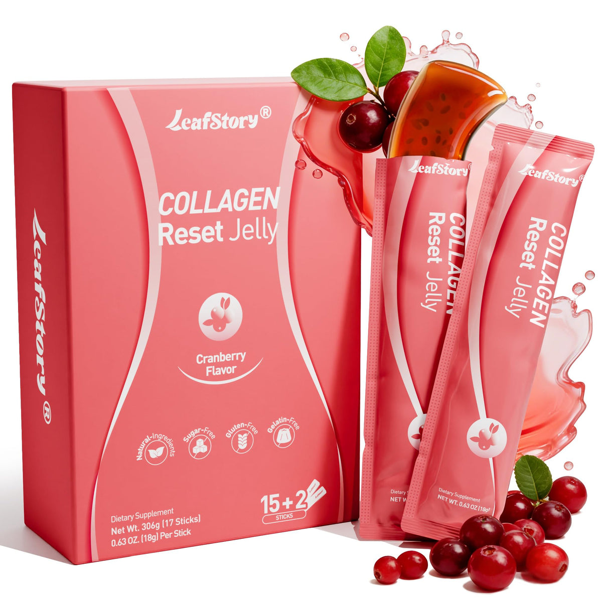 LeafStory Collagen Peptides Jelly Sticks à la Canneberge, paquet de 17 unités
